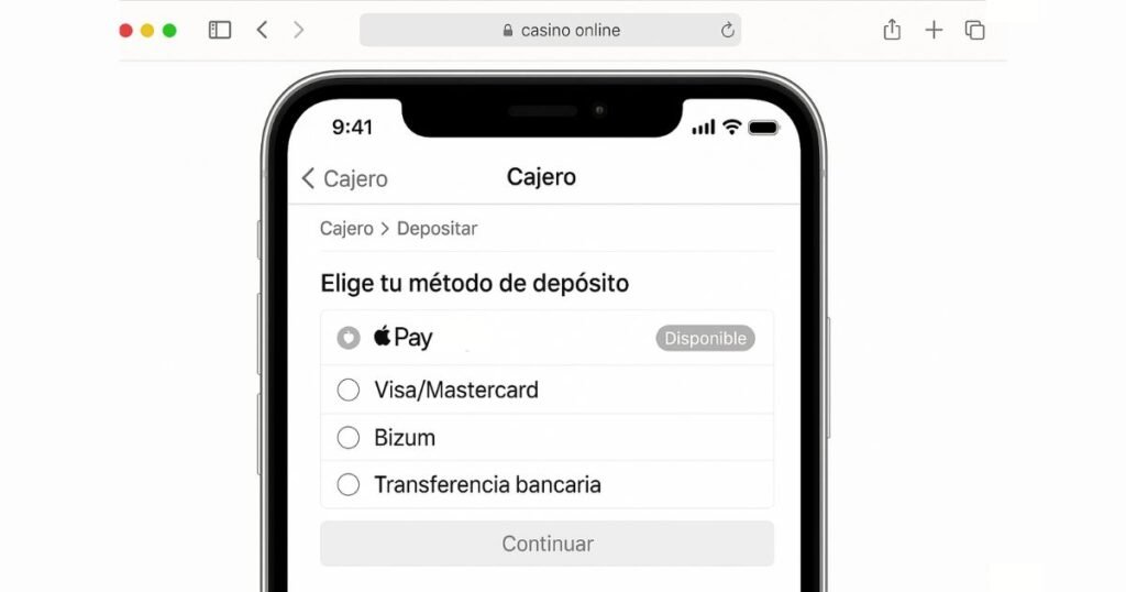 Sección de cajero del casino con Apple Pay como método disponible.
