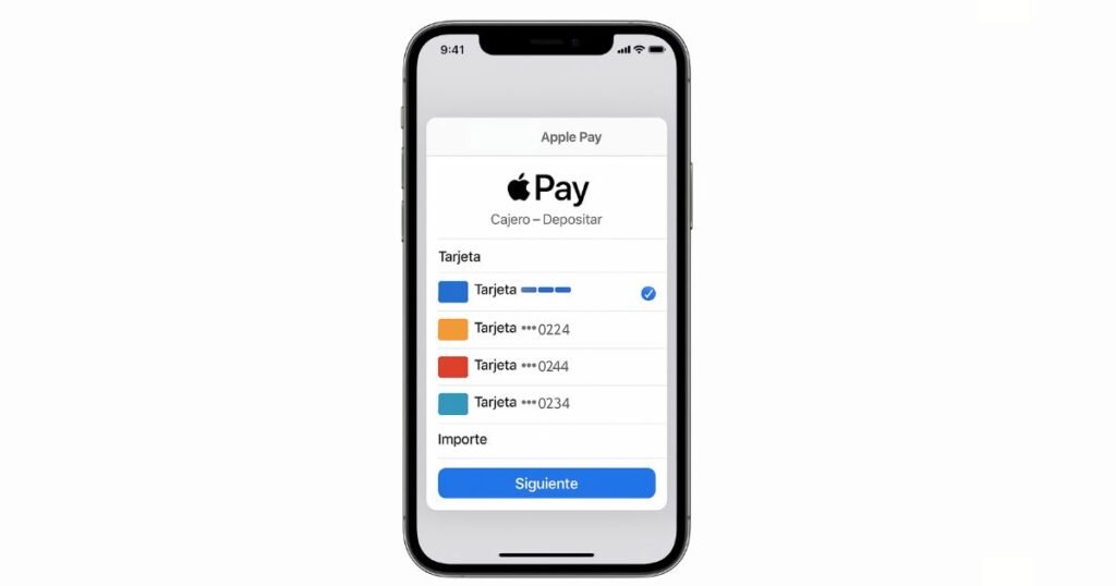 Selección de tarjeta en Apple Pay antes de confirmar el depósito