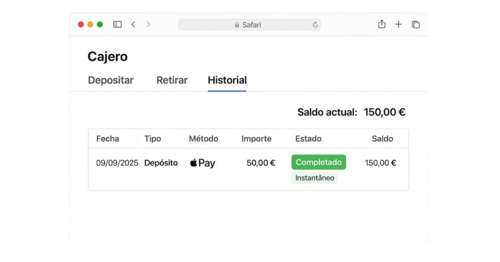 Depósito con Apple Pay reflejado al instante en el saldo del casino